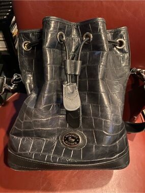 Dooney & Bourke Black Croc-Embossed Leather Drawstring Bucket Bag